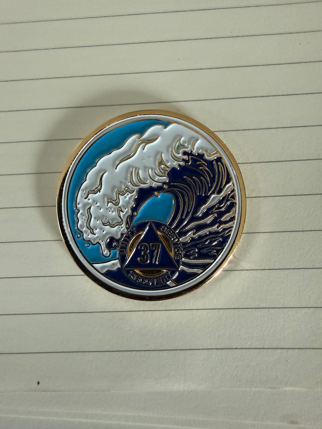 Customer photo review of 1 to 50 Year Sobriety Mint Crashing Wave Gold Plated AA Recovery Medallion/Chip/Coin - Blue/White
