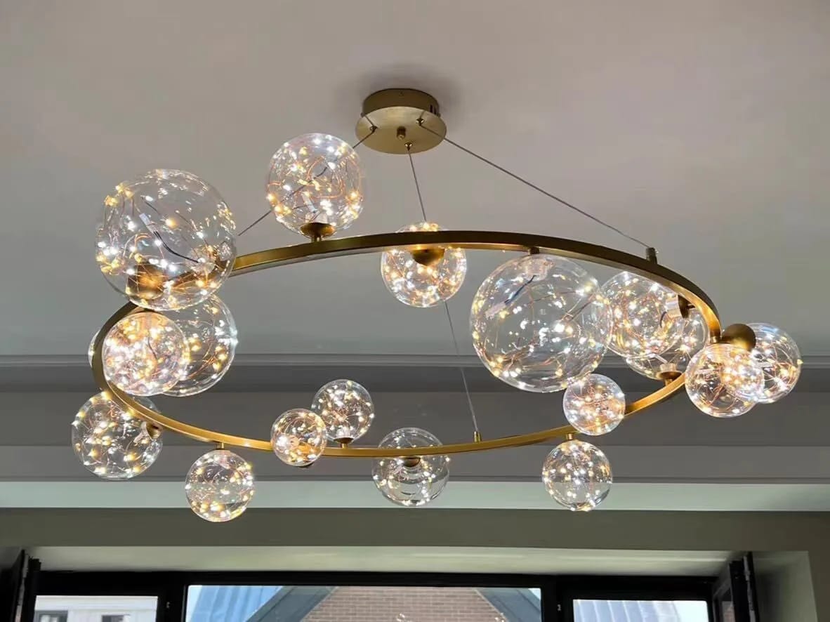 Customer photo review of Gold Chandelier for Stairwell, Glass Spheres, 100 cm