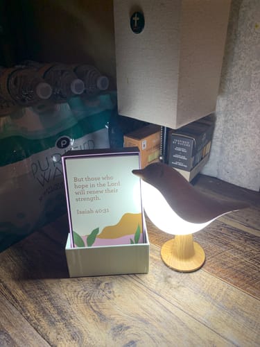 Customer's Glow Bird light illuminating a card with text on a wooden surface.