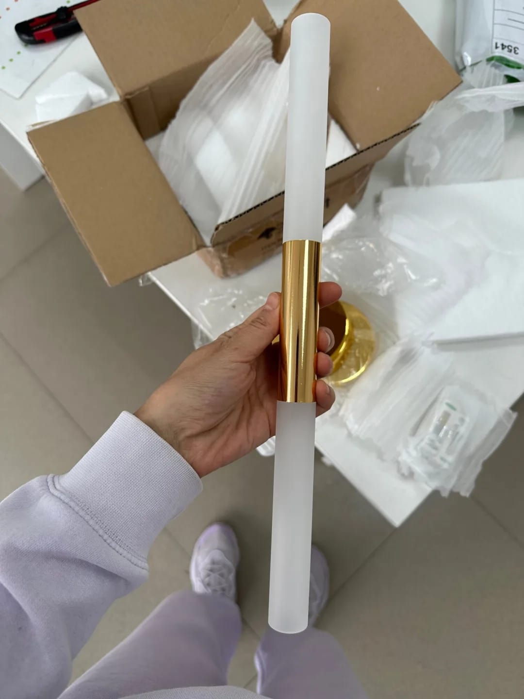 Customer photo review of Gold Wall Light for Living Room, Frosted Acrylic Shade, 40 cm
