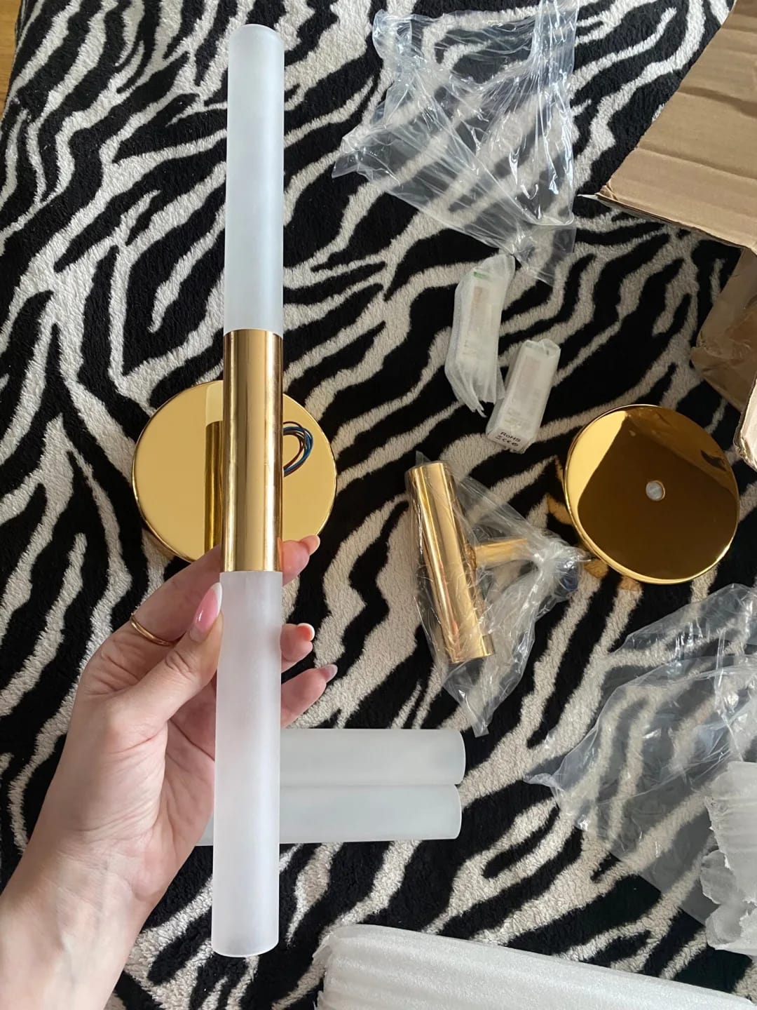Customer photo review of Gold Wall Light for Living Room, Frosted Acrylic Shade, 40 cm