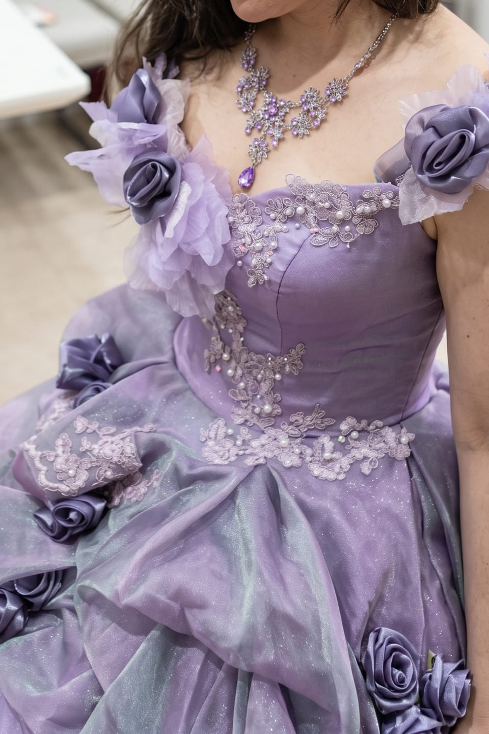 Customer photo review of Romantic Lavender Purple Tiered Gown with Floral Appliqué –  Strapless Evening Dress with Corset Back and Lace Plus Size