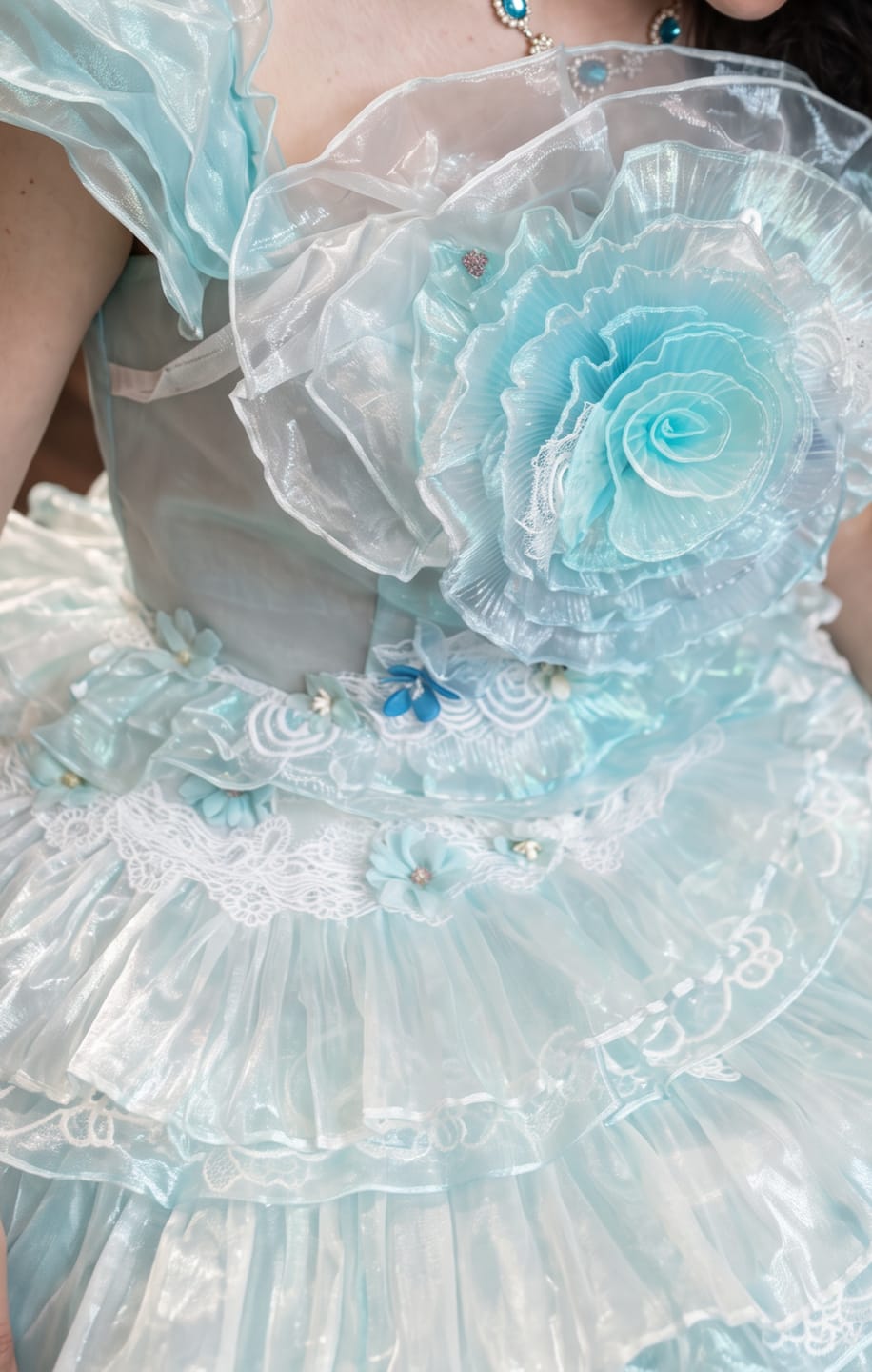 Customer photo review of Light Blue Lace Ball Gown Wedding Dress with Floral Appliqué and Layered Ruffle Tulle Skirt Plus Size