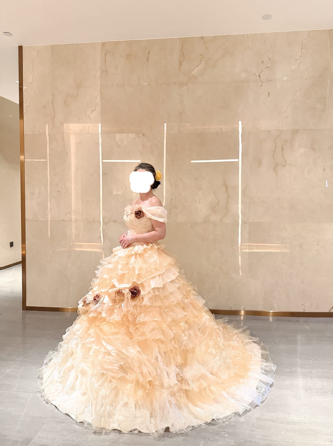 Customer photo review of Champagne Tulle Evening Dress with Floral Appliqué and Layered Ruffle Ball Gown Plus Size
