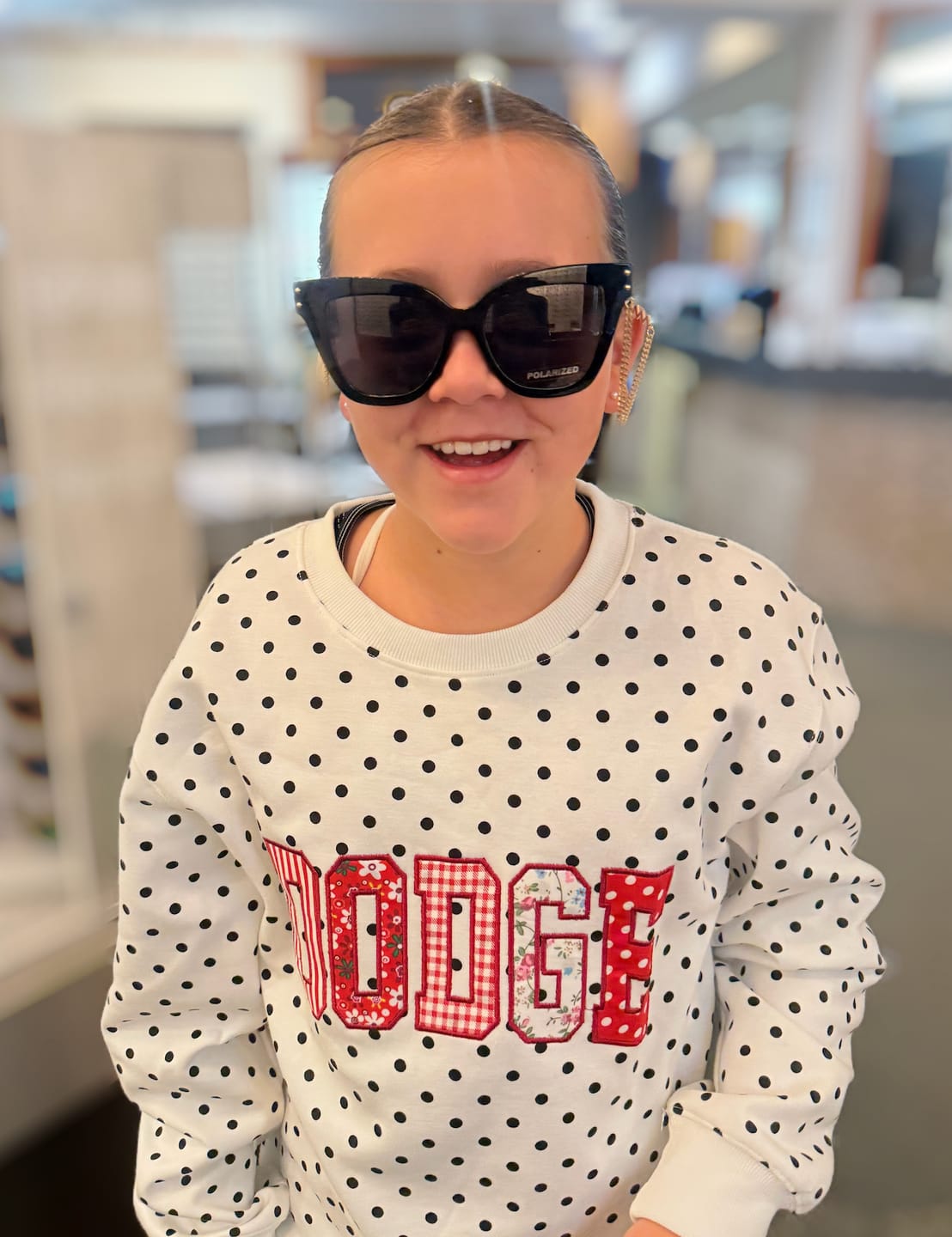 Customer photo review of Custom Patchwork Fabric Embroidered Polka Dot Sweatshirt Team and School Name Applique Varsity Letters | Game Day Wear