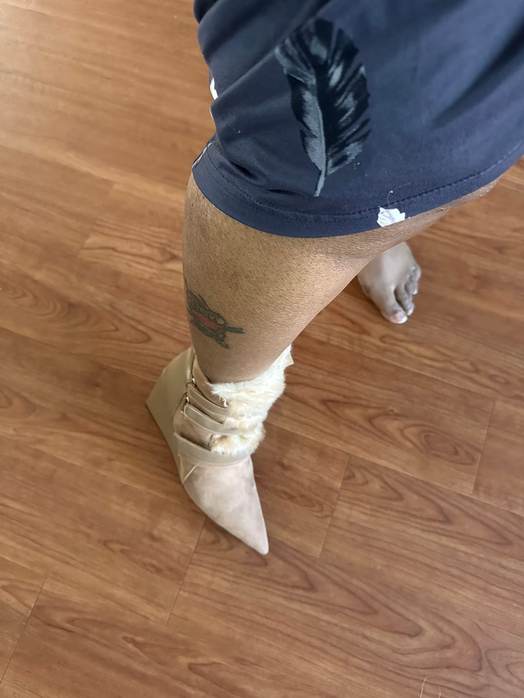 Customer photo review of MARANETTE-TAN FAUX FUR WEDGE BOOTIE