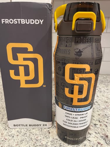 Customer's San Diego Padres Bottle Buddy 24oz, shown next to its branded product box on a kitchen counter.