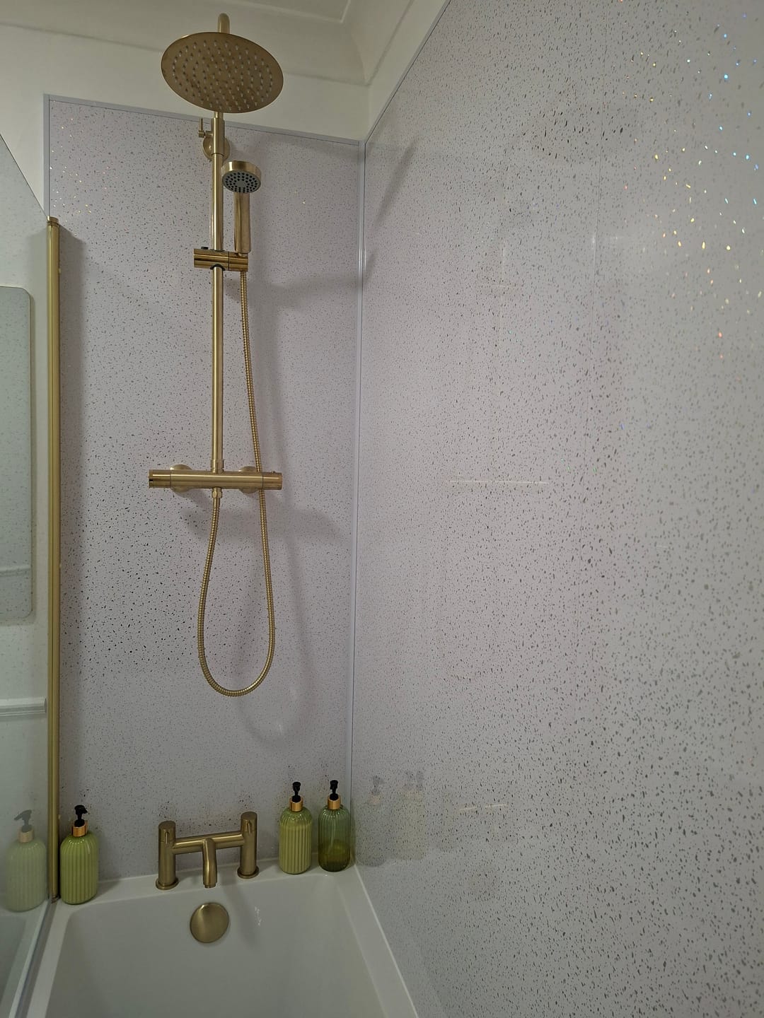 Customer photo review of Premium White Sparkle Gloss Shower Wall Panel – 1M x 2.4M