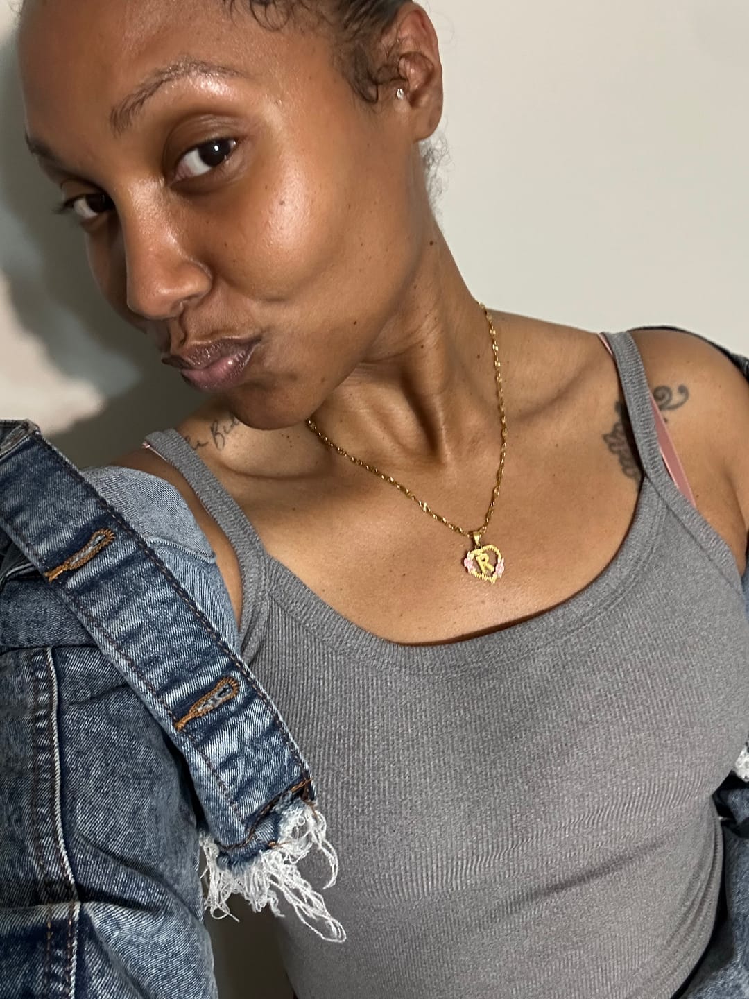 Customer photo review of Flower Initial Necklace w/ Clip Chain