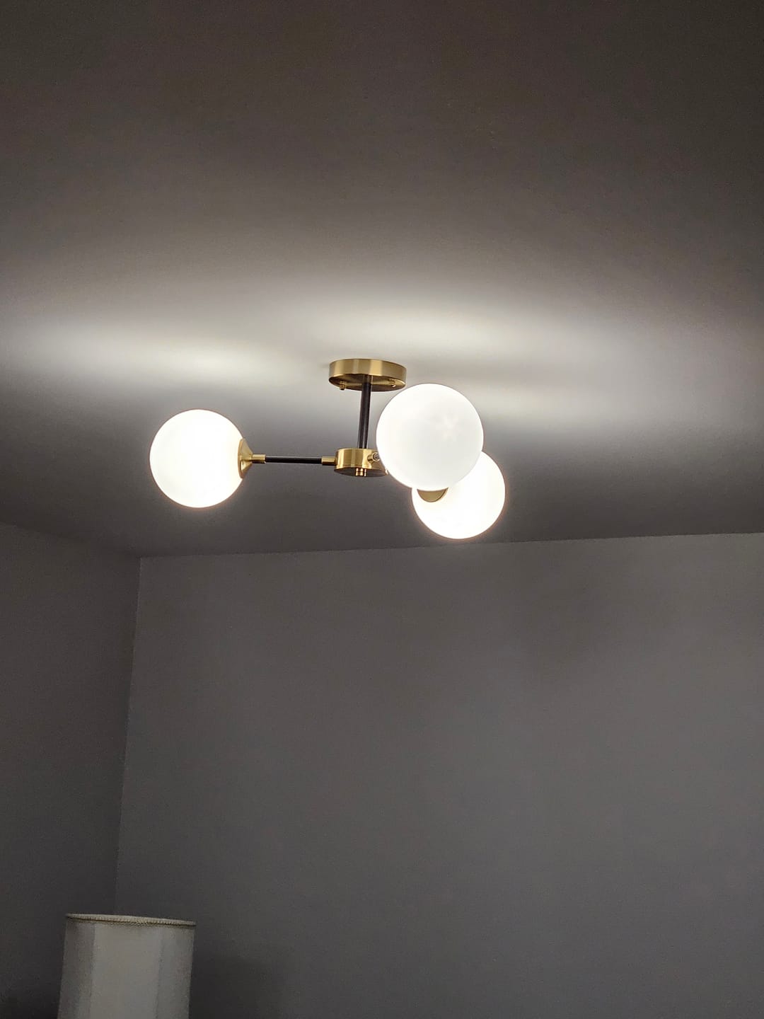 Customer photo review of Brass Black 3-Light Frosted Glass Globe Semi Flush Mount