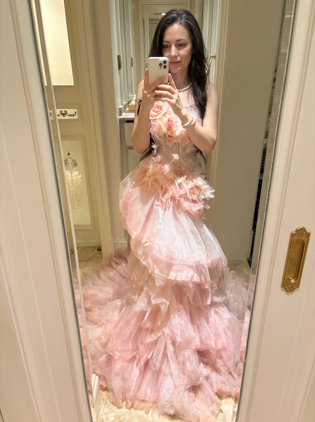 Customer photo review of Pink Sequin Ball Gown Evening Dress with Floral Appliqué and Layered Tulle Ruffle Skirt Plus Size