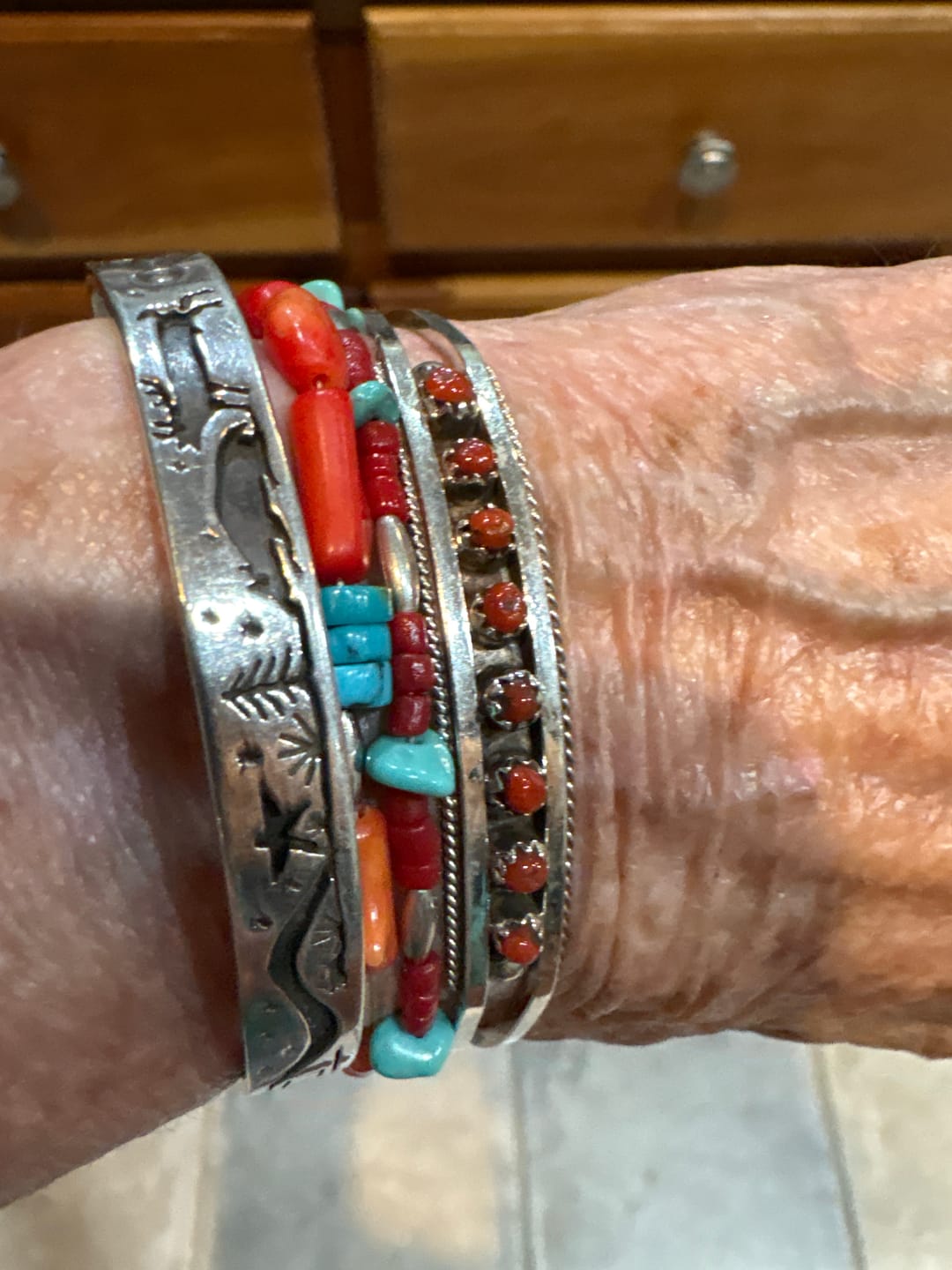 Customer photo review of Zuni Made Red Coral & Sterling Silver Cuff Bracelet