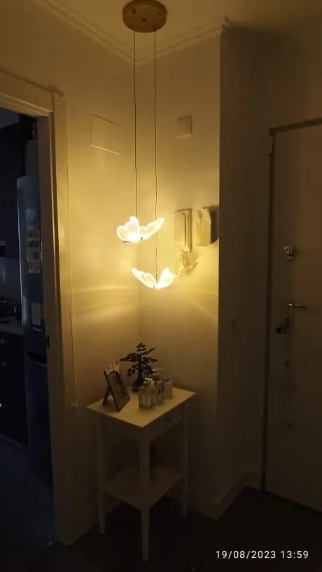 Customer photo review of Gold Pendant Light for Living Room, Butterfly Accents, 2 Heads
