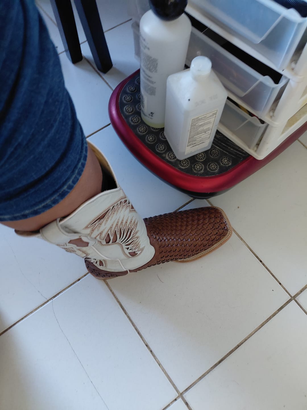 Customer photo review of Tan Basketweave Leather Boots - Square Toe