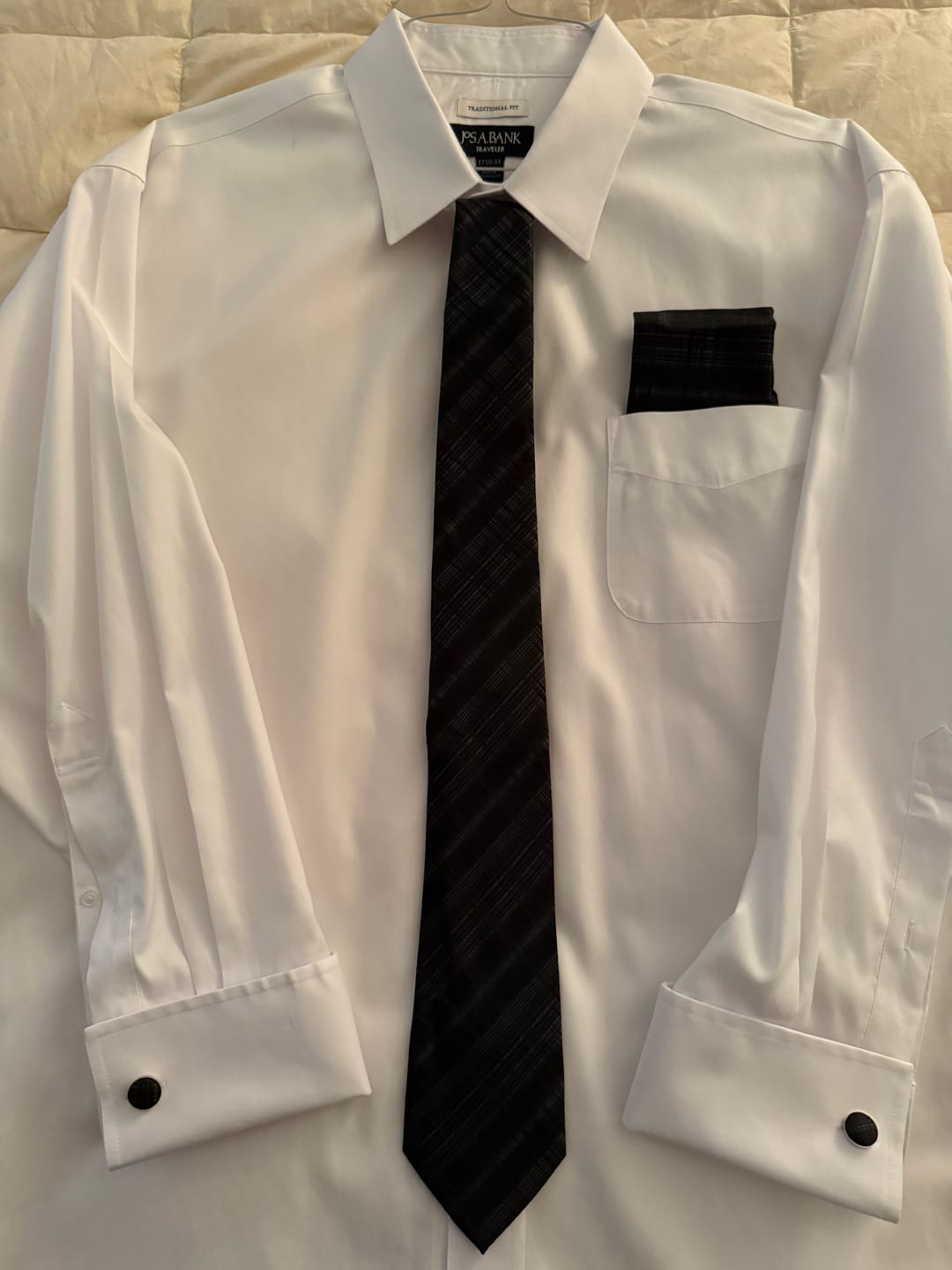 Customer photo review of Barry. Wang High Gloss Black and Gray Stripe Tie Hanky Cufflinks Set