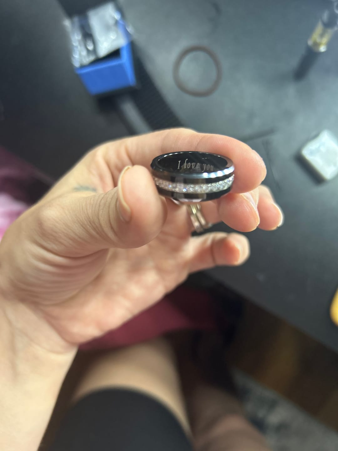 Customer photo review of 8MM - TUNGSTEN WEDDING BAND Polished Edges CUBIC ZIRCON BEVELED EDGE