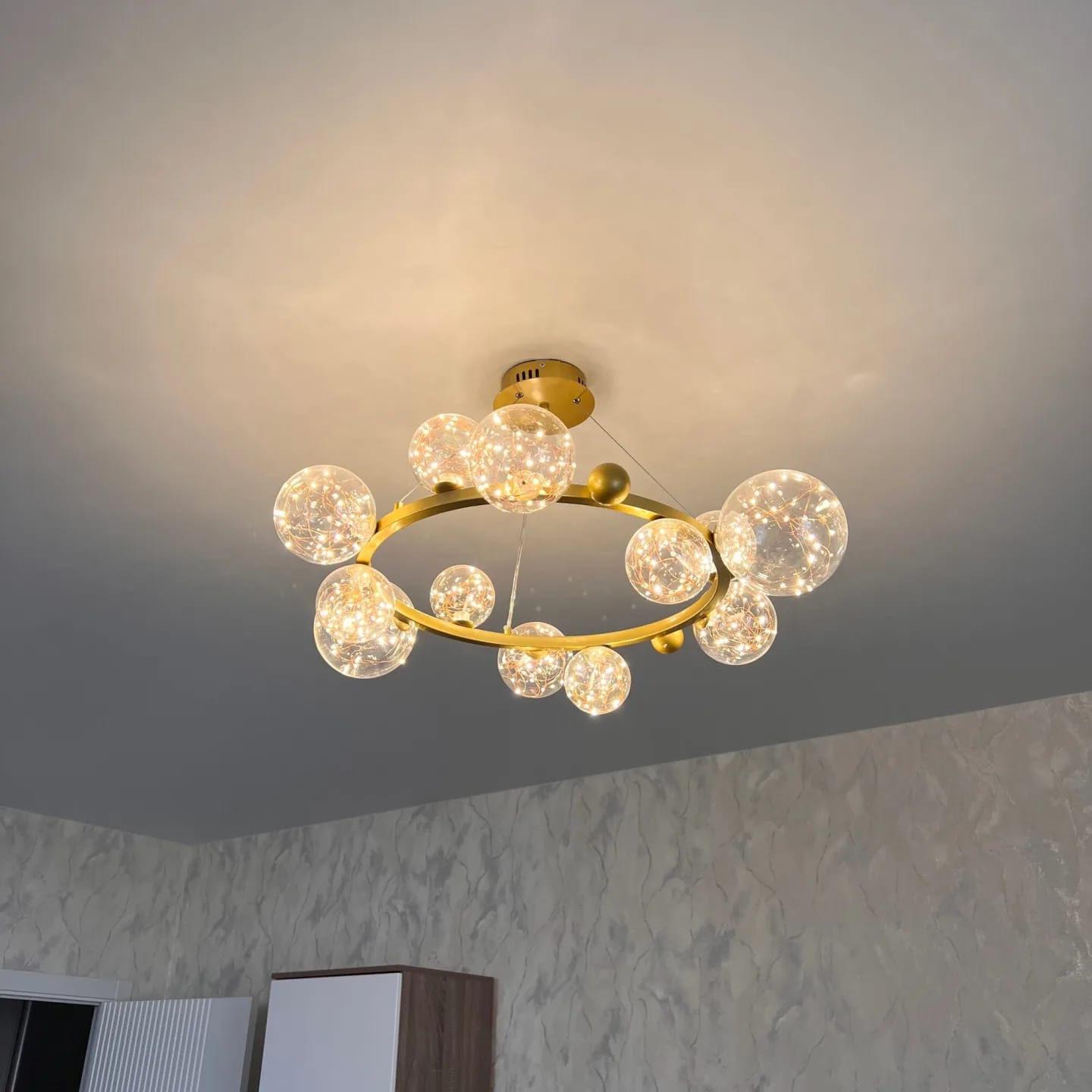 Customer photo review of Gold Chandelier for Stairwell, Glass Spheres, 100 cm