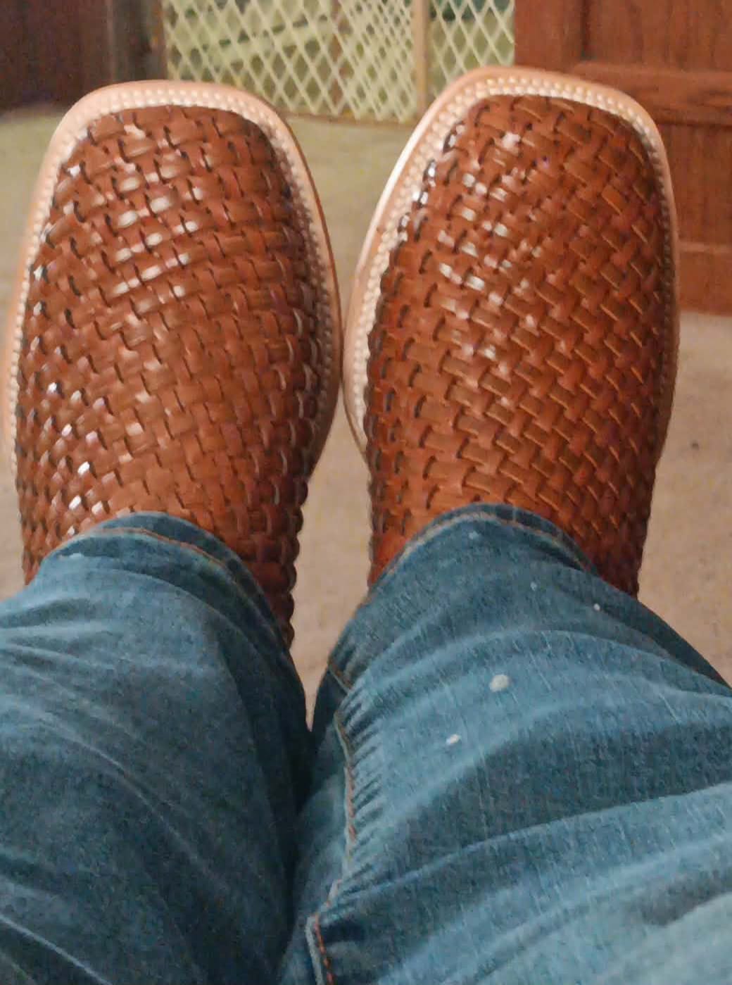 Customer photo review of Tan Basketweave Leather Boots - Square Toe