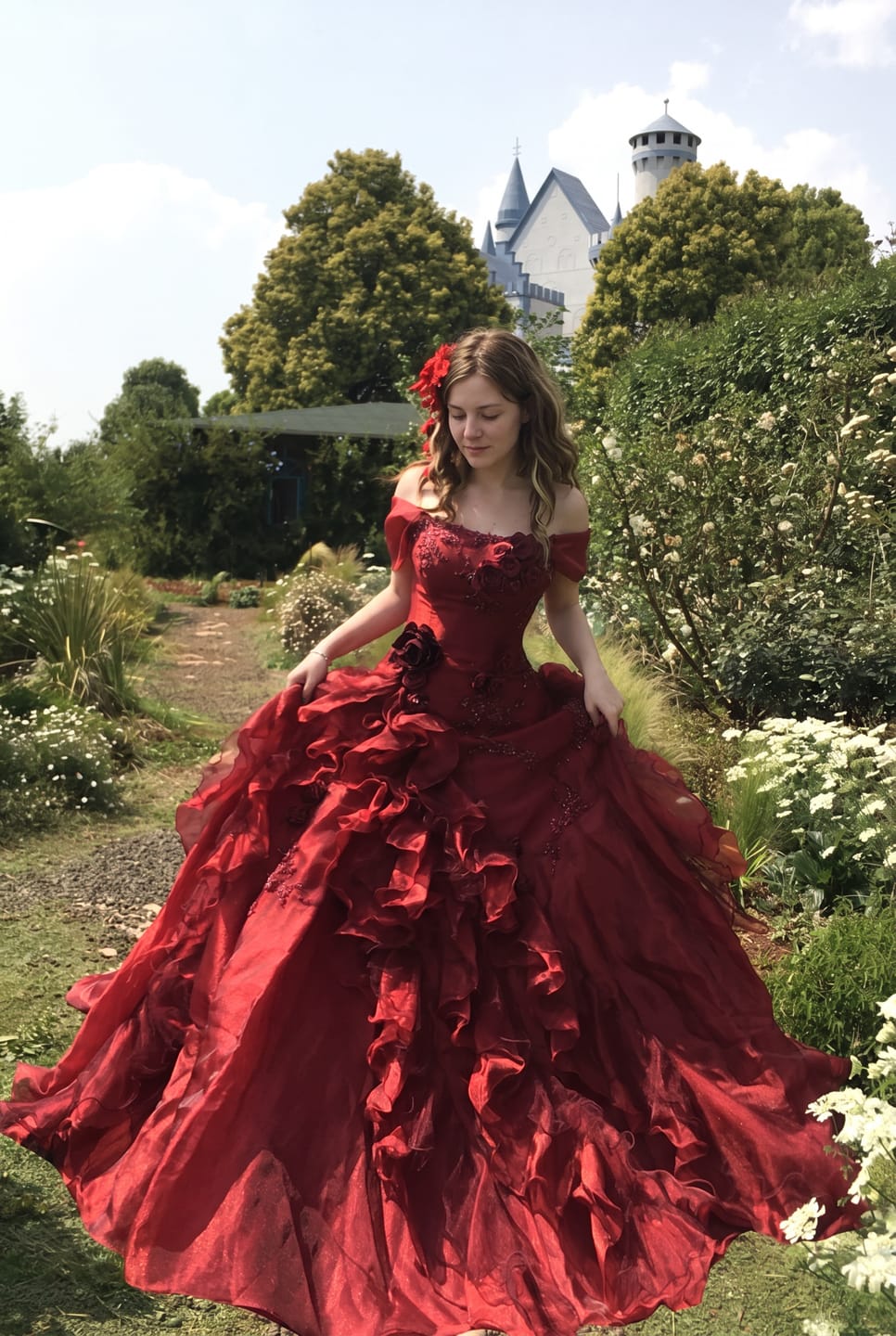 Customer photo review of Burgundy Strapless Layered Ruffle Dress with Floral Appliqué – Floral Evening Dress with Corset Back Plus Size