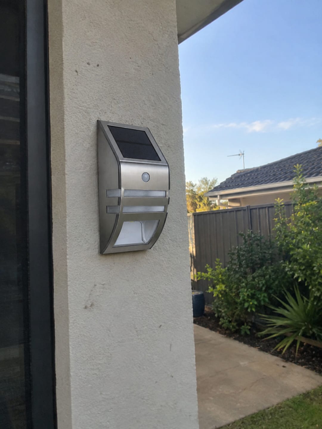 Customer photo review of Solar Wall Light Stainless Steel, PIR Motion Sensor Waterproof Outdoor