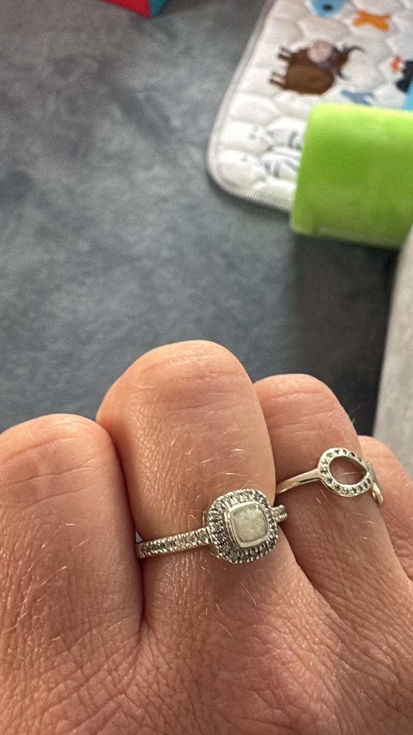 Customer photo review of Square Cushion Halo and band Cubic Zirconia Ring