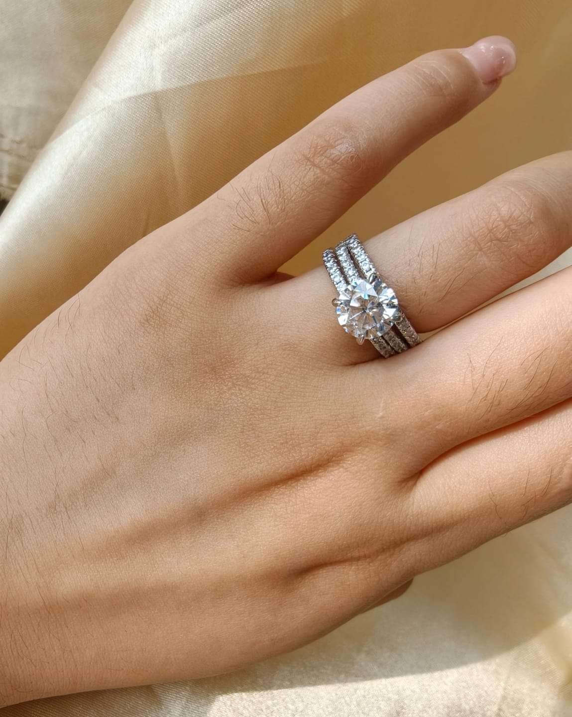Customer photo review of S925 3PC Wedding Ring Set 2.0 Ct Round Cut With 2PC Half Eternity Wedding Band Stackable Wedding Rings