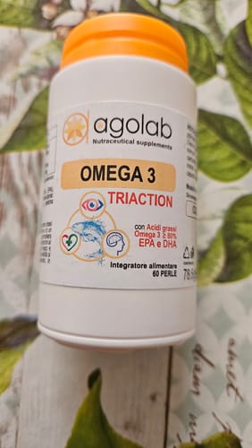 Customer's Agolab Omega 3 Triaction supplement bottle with orange cap.