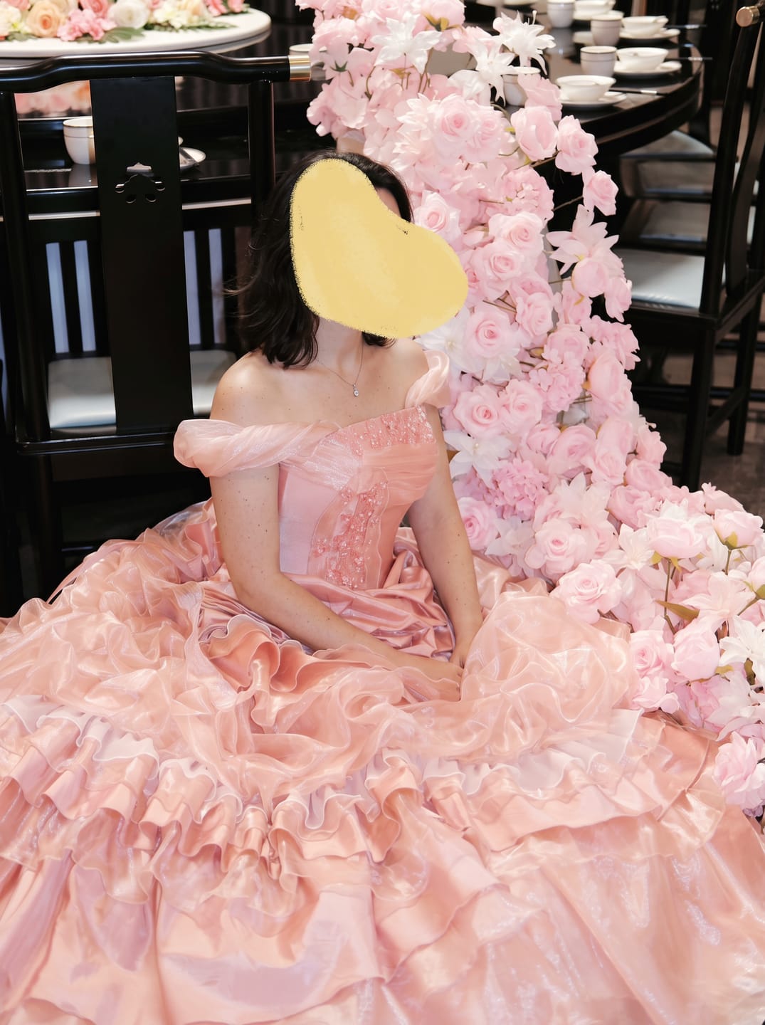 Customer photo review of Pink Layered Tulle Ruffle Dress with Embroidery – Strapless Evening Dress with Corset Back Plus Size