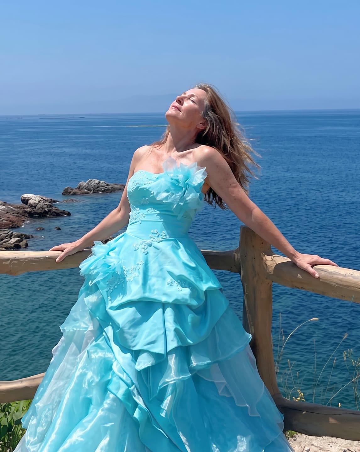 Customer photo review of Blue Ball Gown with Floral Appliqué – Strapless Layered Tulle Ruffle Dress with Lace-Up Back Plus Size