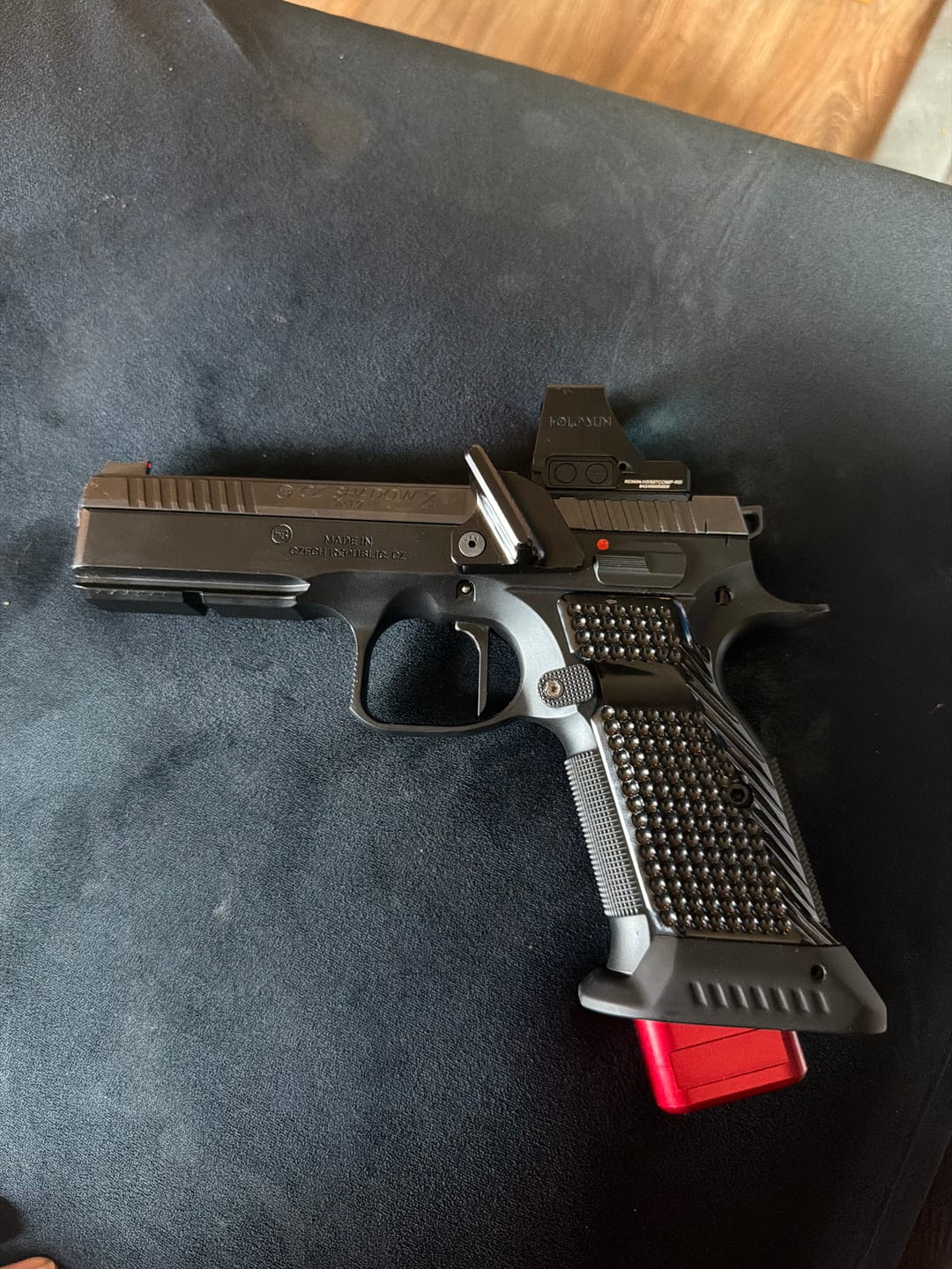 Customer photo review of CZ Shadow 2 Brass Palm Swell Grips – Magwell Cut