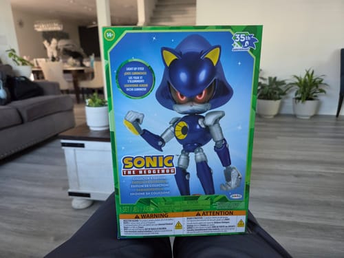 Customer's unopened collector box for the Modern Metal Sonic 6 inch figure on a table.