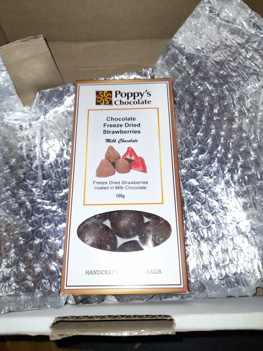 Customer photo review of Milk Chocolate coated Freeze dried Strawberries 100g