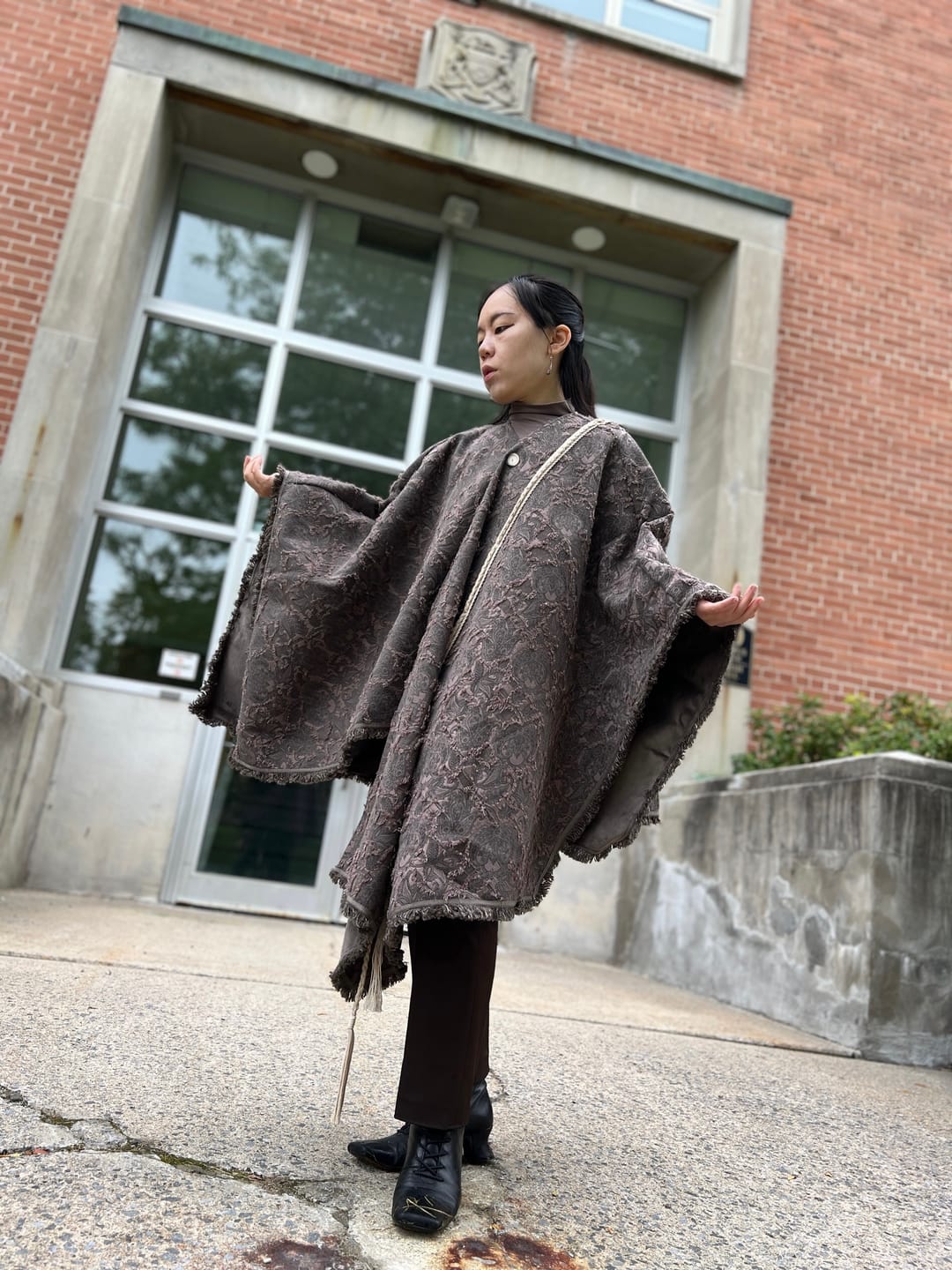 Customer photo review of DOINDULGE Textured Jacquard Fringe Cloak