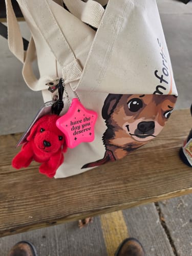 Customer's pink Have The Day You Deserve star coin purse hanging from the zipper of a beige canvas tote bag.
