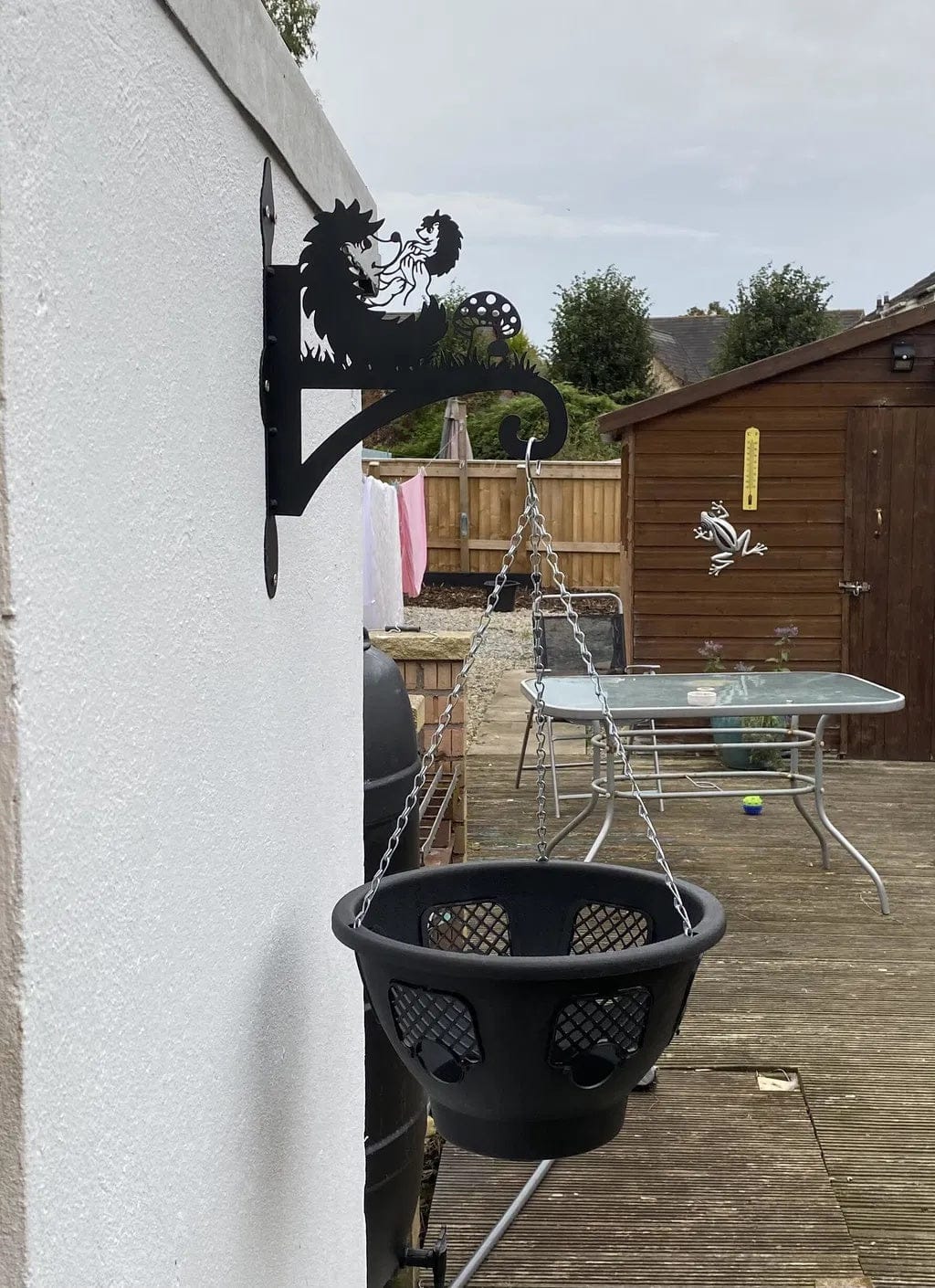 Customer photo review of Hanging Basket Bracket – Hedgehogs with Mushroom
