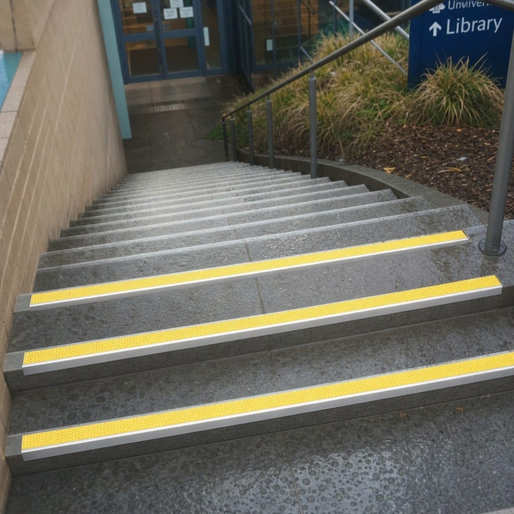 Customer photo review of Heavy Duty Tile-In Stair Nosing 56 x 55mm, Quartz Textured Anti-Slip Insert, for 10mm & 12.5mm Tiles