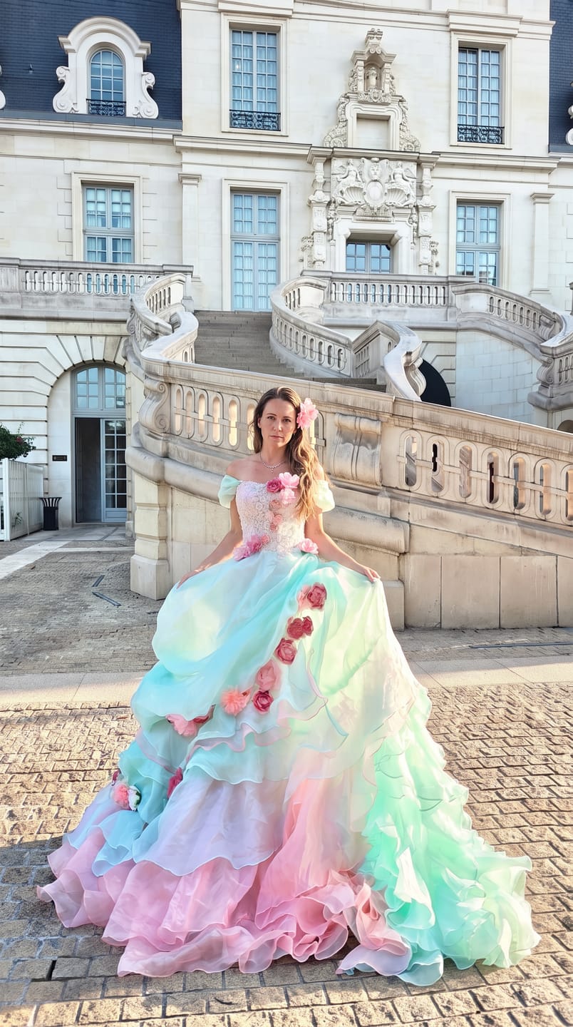 Customer photo review of Mint Green and Pink Fairytale Ball Gown Tiered Ruffle Dress with Floral Appliqué and Lace Corset Back Plus Size