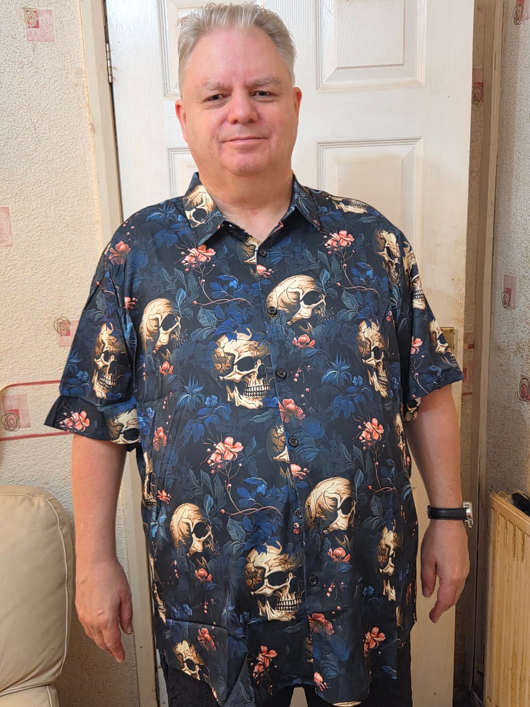 Customer photo review of Men's Punk Gold Skull Floral Print Short Sleeve Shirt