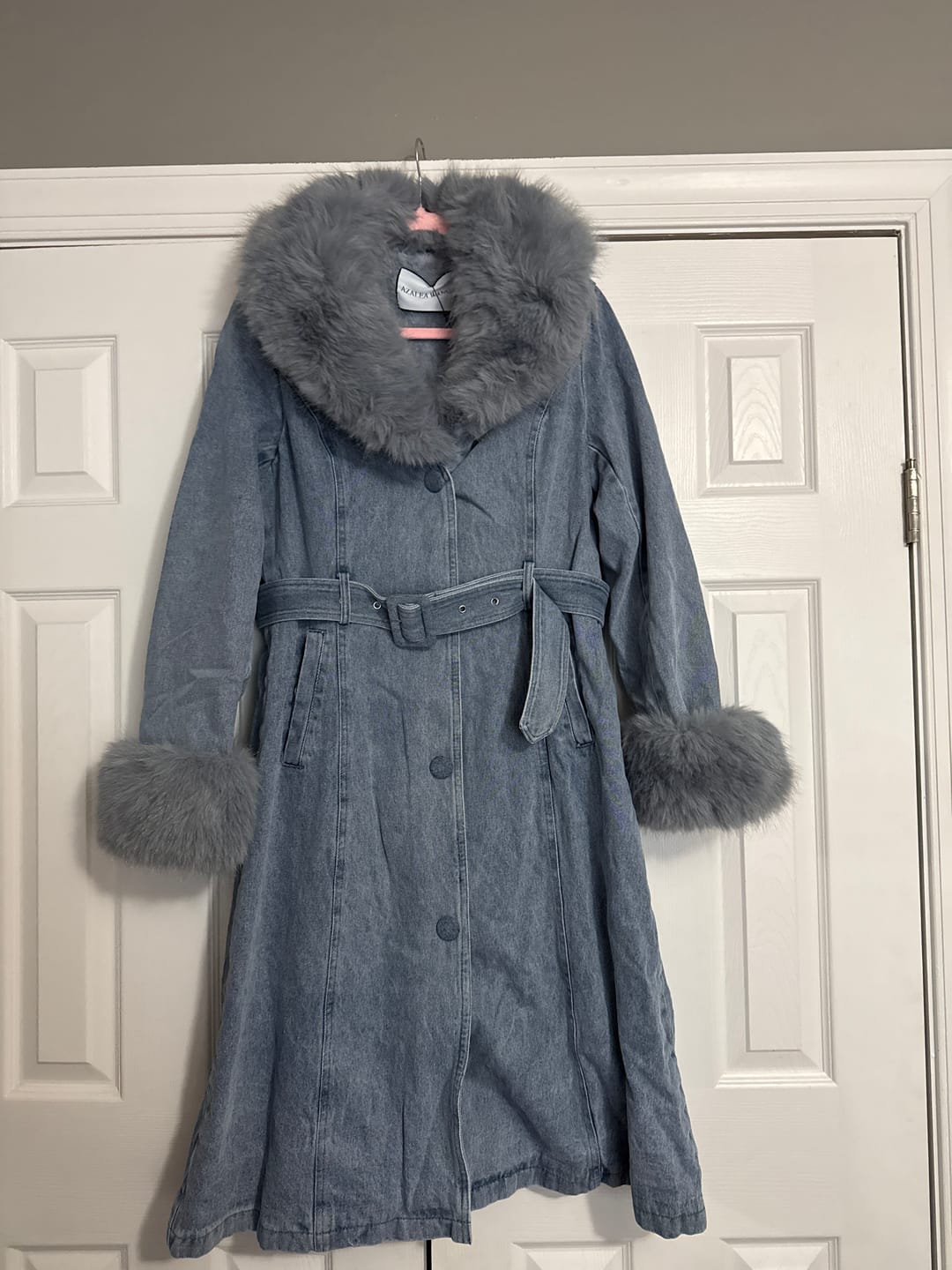 Customer photo review of KAYA-DENIM FAUX FUR TRENCH JACKET