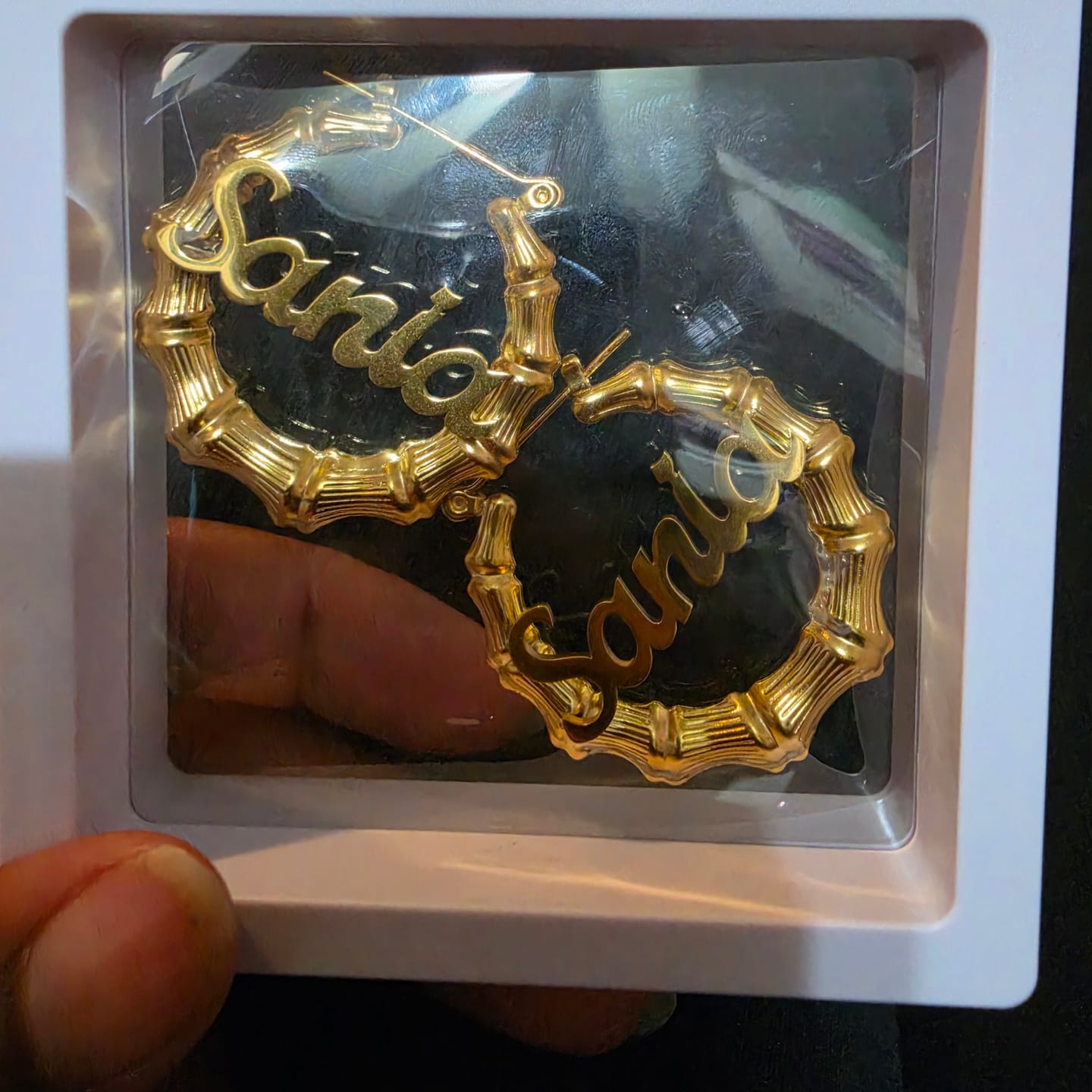 Customer photo review of Bamboo Name Hoop Earrings