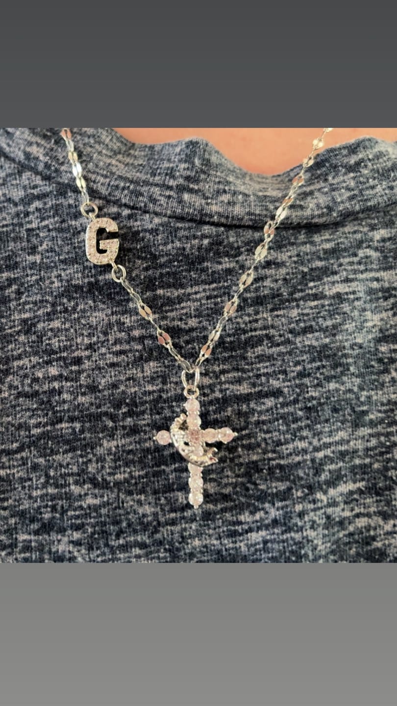 Customer photo review of FREE Today: Golden & Silver-Tone Personalized A-Z Initial Crown Cross Necklace: Custom Sacred Faith Monogram Pendant Jewelry