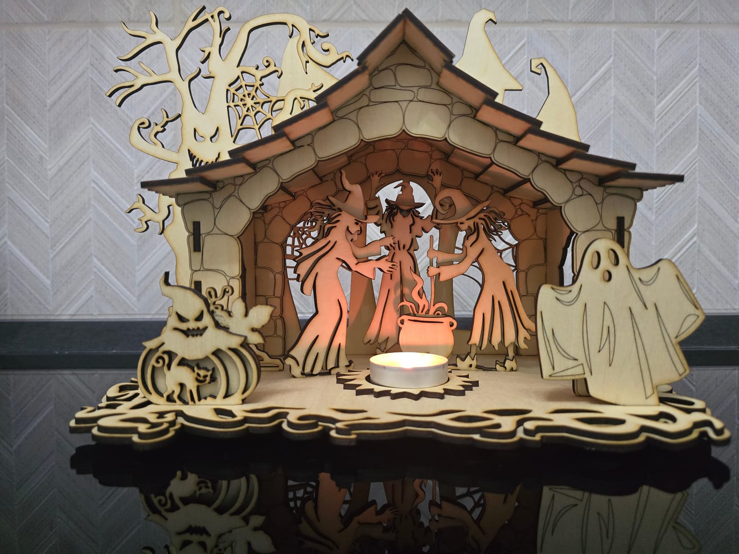 Customer photo review of Halloween Scene Candle Holder SVG Laser Cut