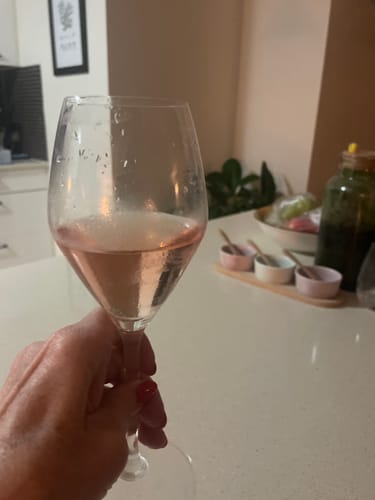 Customer's hand holding a glass of pale pink Zero Sugar Rosé wine in a home setting.