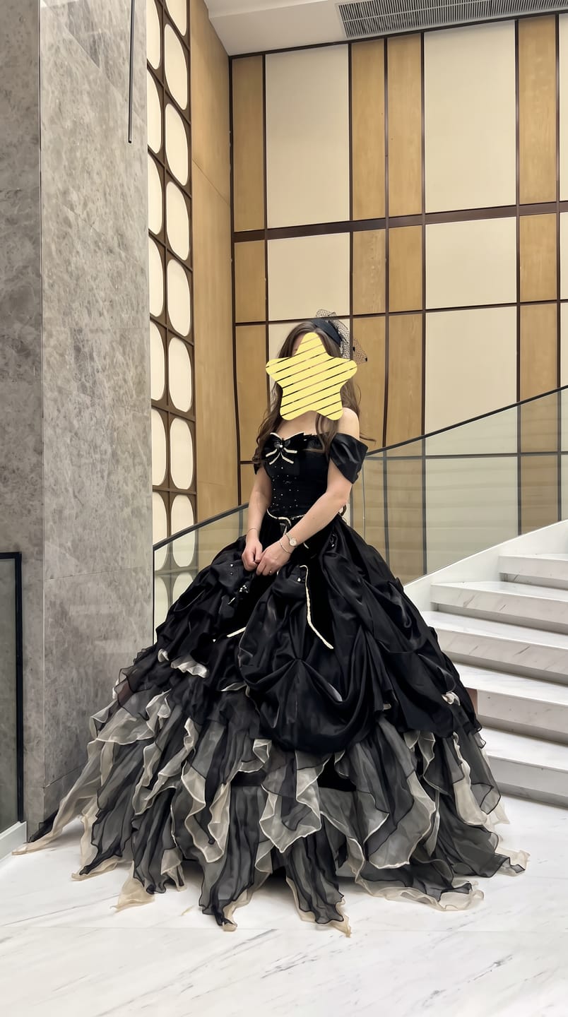 Customer photo review of Black Gothic Ball Gown with Velvet Bows – Strapless Layered Tulle Ruffle Dress Plus Size