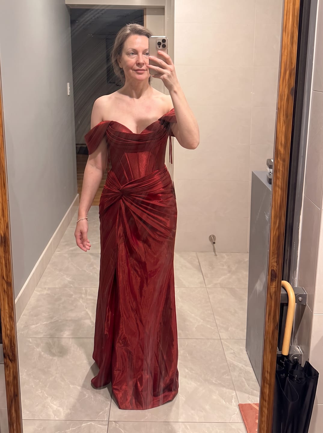 Customer photo review of Steel Blue Silk Evening Dress - Corset Back Wedding Dress with Off-the-Shoulder Design Plus Size
