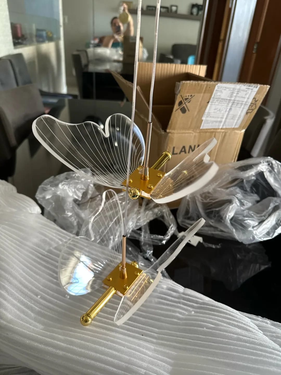 Customer photo review of Gold Pendant Light for Living Room, Butterfly Accents, 2 Heads