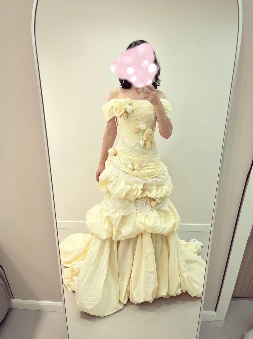 Customer photo review of Cream Fairytale Strapless Tiered Gown with Floral Appliqué – Floral Evening Dress with Corset Back and Pearl Details Plus Size
