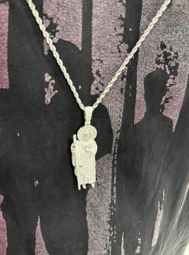 Customer photo review of Iced Out VVS Moissanite San Judas Full Body S925 Silver Pendant