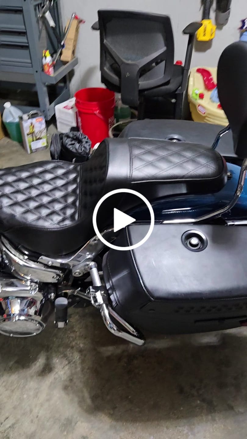 Customer video review of Iron Born Diamond Stitch 2-Up Seat for Harley Softail Heritage FLHC/S