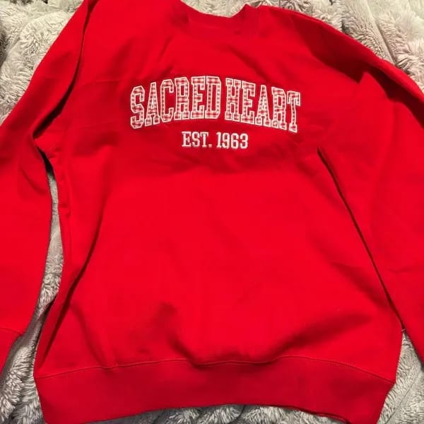 Customer photo review of Custom Patchwork Fabric Embroidered Sweatshirt Team and School Name Applique Varsity Letters